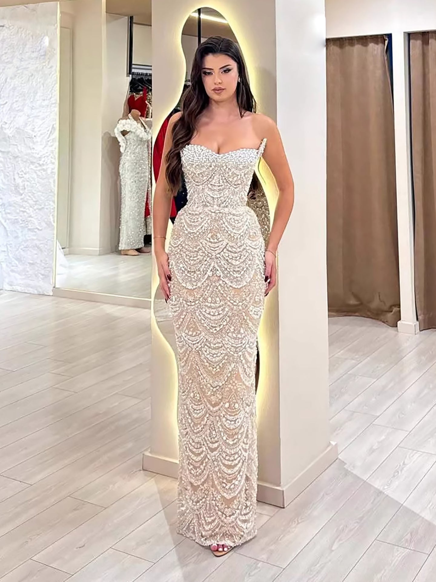 Luxury Nude Pearls Beaded Strapless Mermaid Evening Dress LA73395