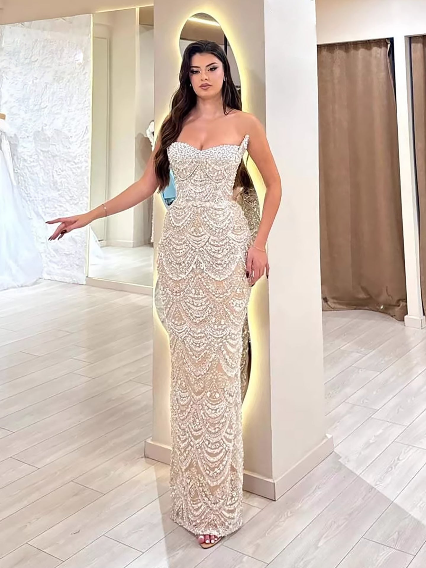 Luxury Nude Pearls Beaded Strapless Mermaid Evening Dress LA73395