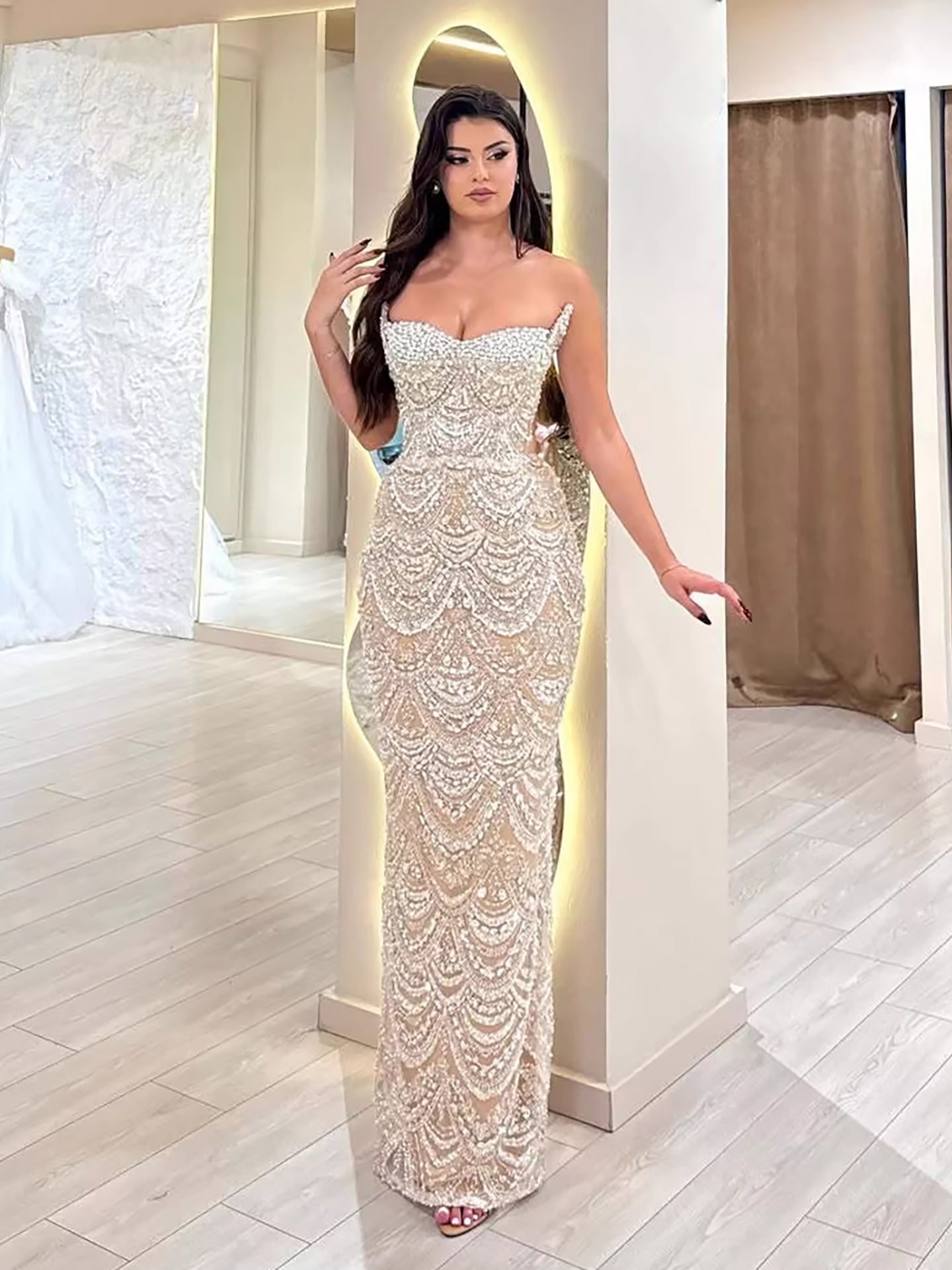 Luxury Nude Pearls Beaded Strapless Mermaid Evening Dress LA73395