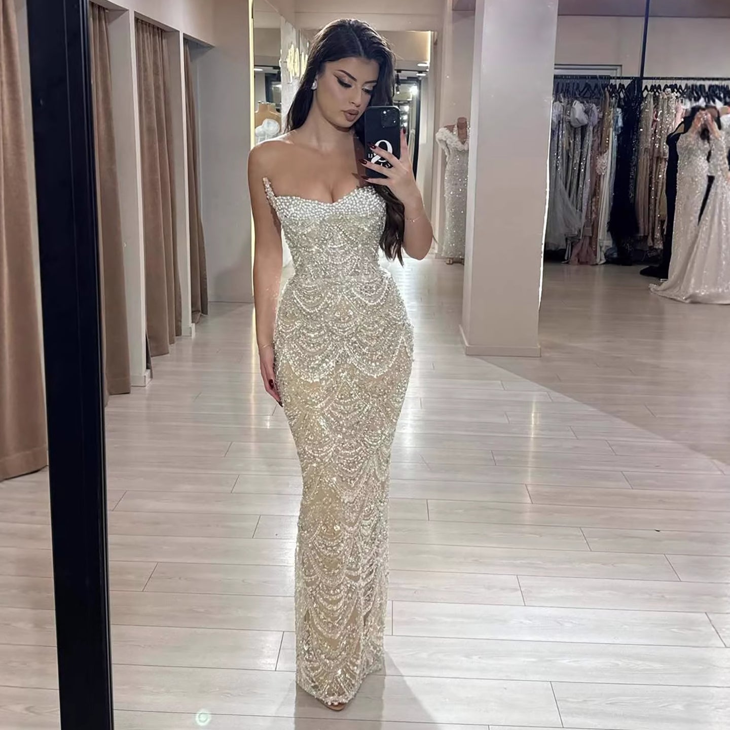 Luxury Nude Pearls Beaded Strapless Mermaid Evening Dress LA73395
