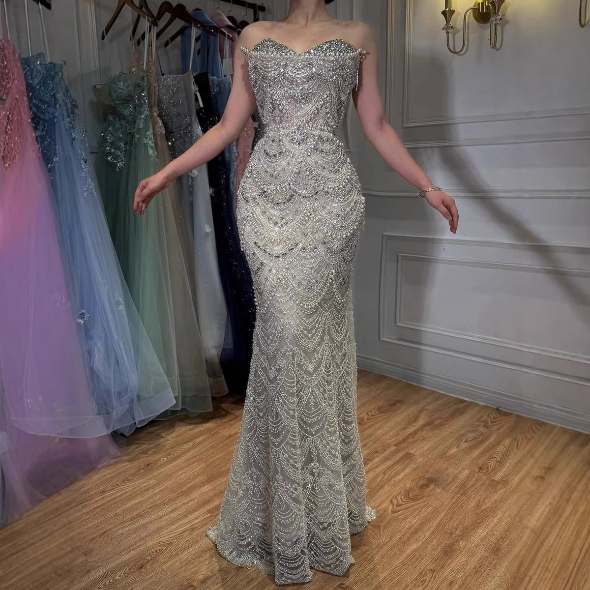 Luxury Nude Pearls Beaded Strapless Mermaid Evening Dress LA73395