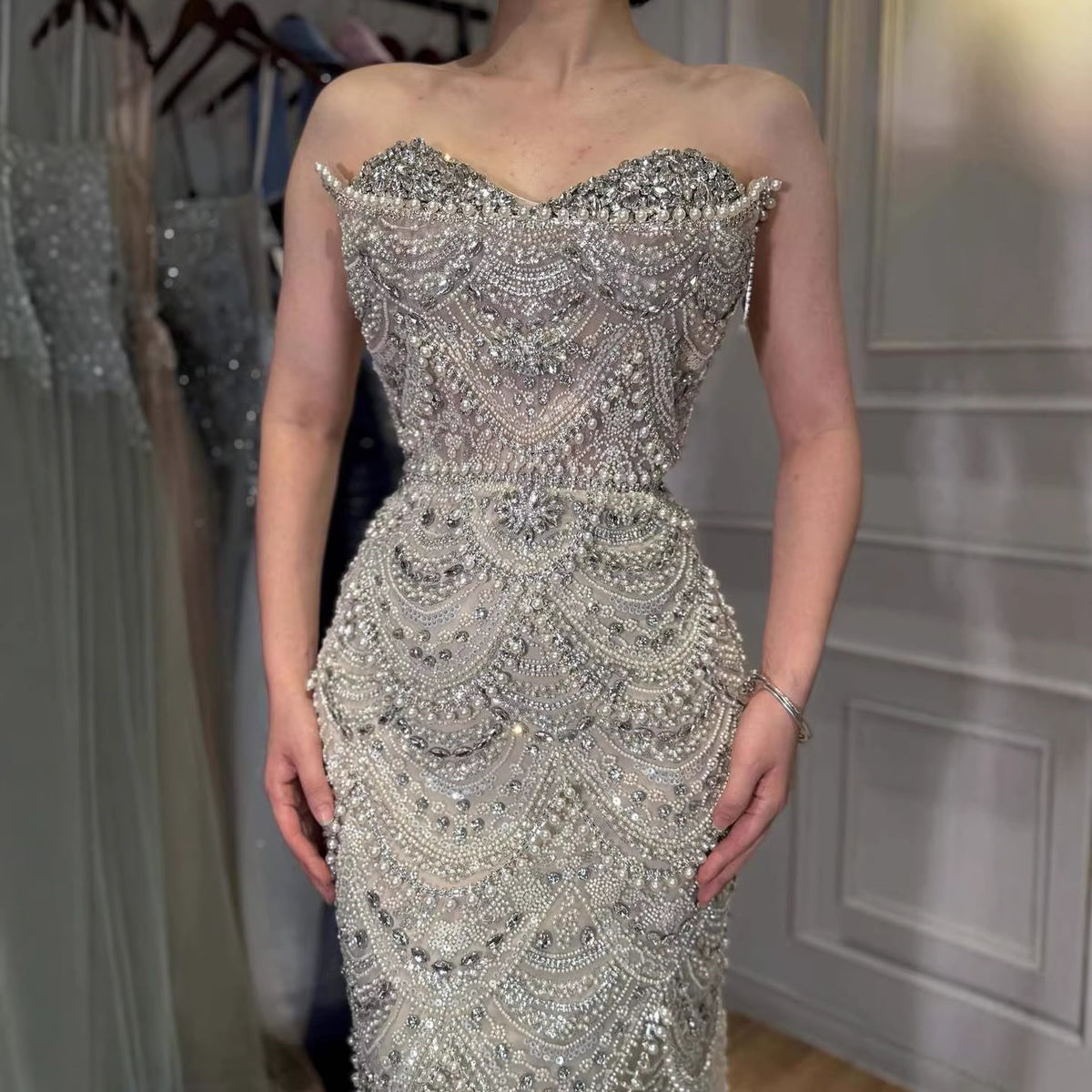 Luxury Nude Pearls Beaded Strapless Mermaid Evening Dress LA73395