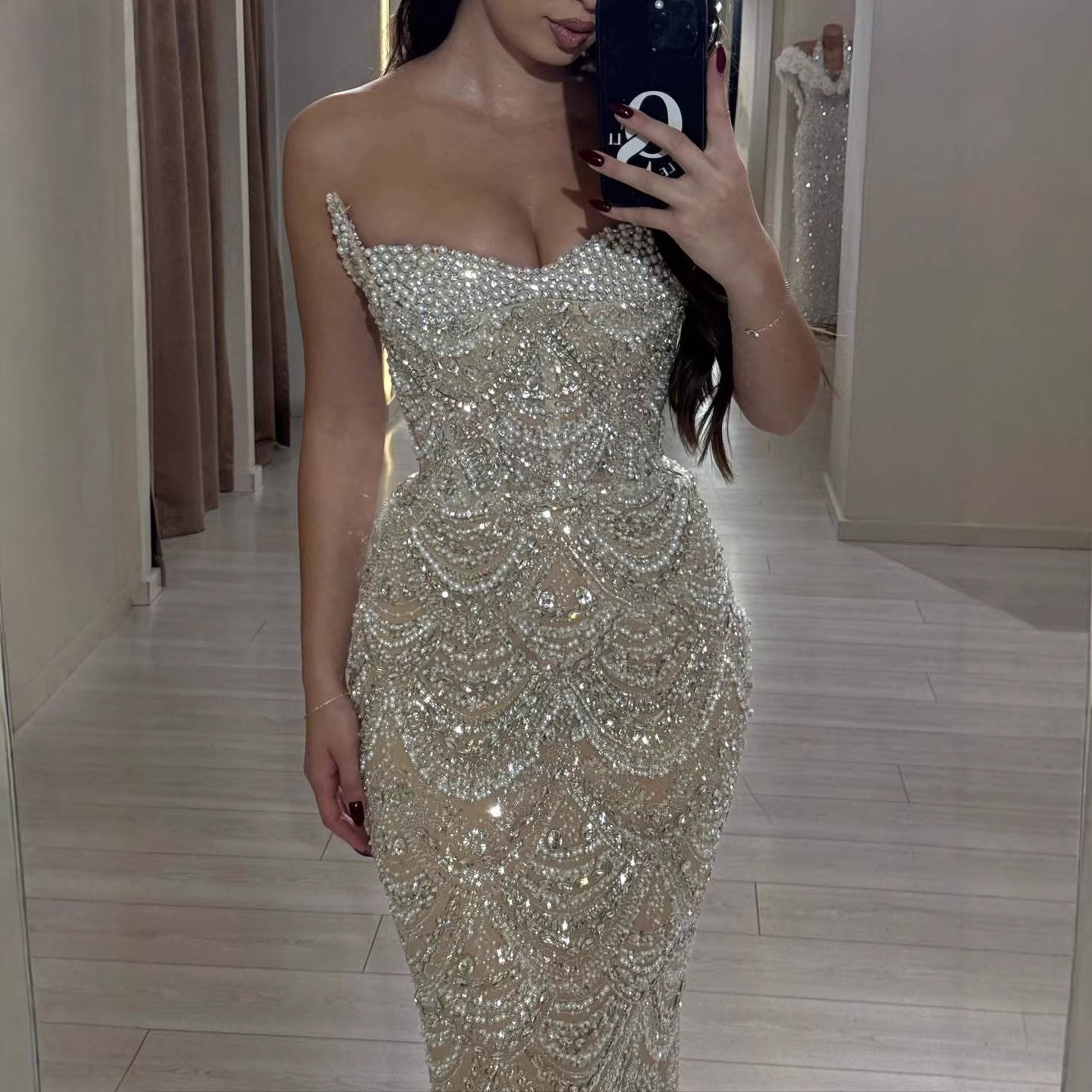 Luxury Nude Pearls Beaded Strapless Mermaid Evening Dress LA73395