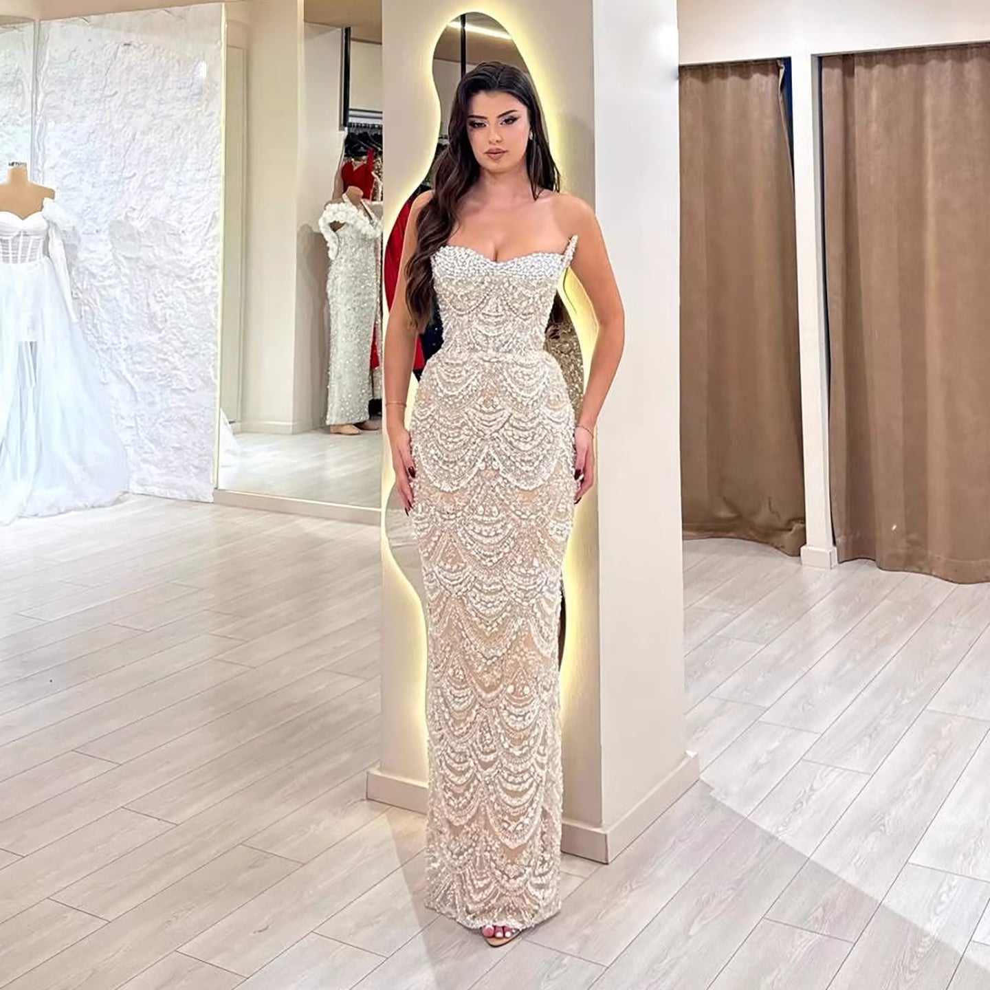 Luxury Nude Pearls Beaded Strapless Mermaid Evening Dress LA73395
