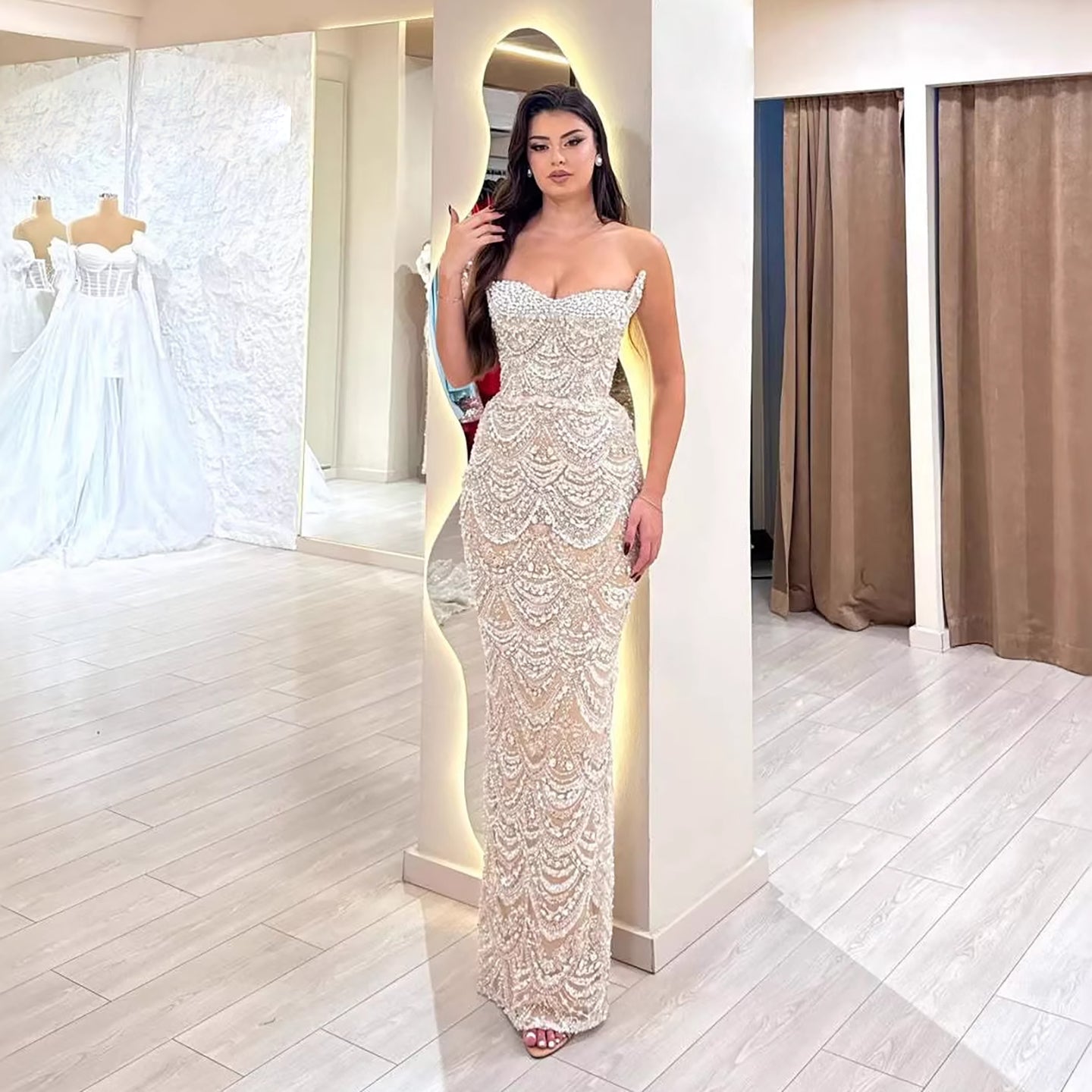 Luxury Nude Pearls Beaded Strapless Mermaid Evening Dress LA73395