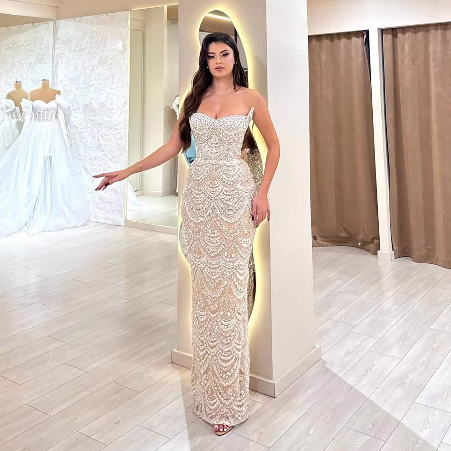 Luxury Nude Pearls Beaded Strapless Mermaid Evening Dress LA73395