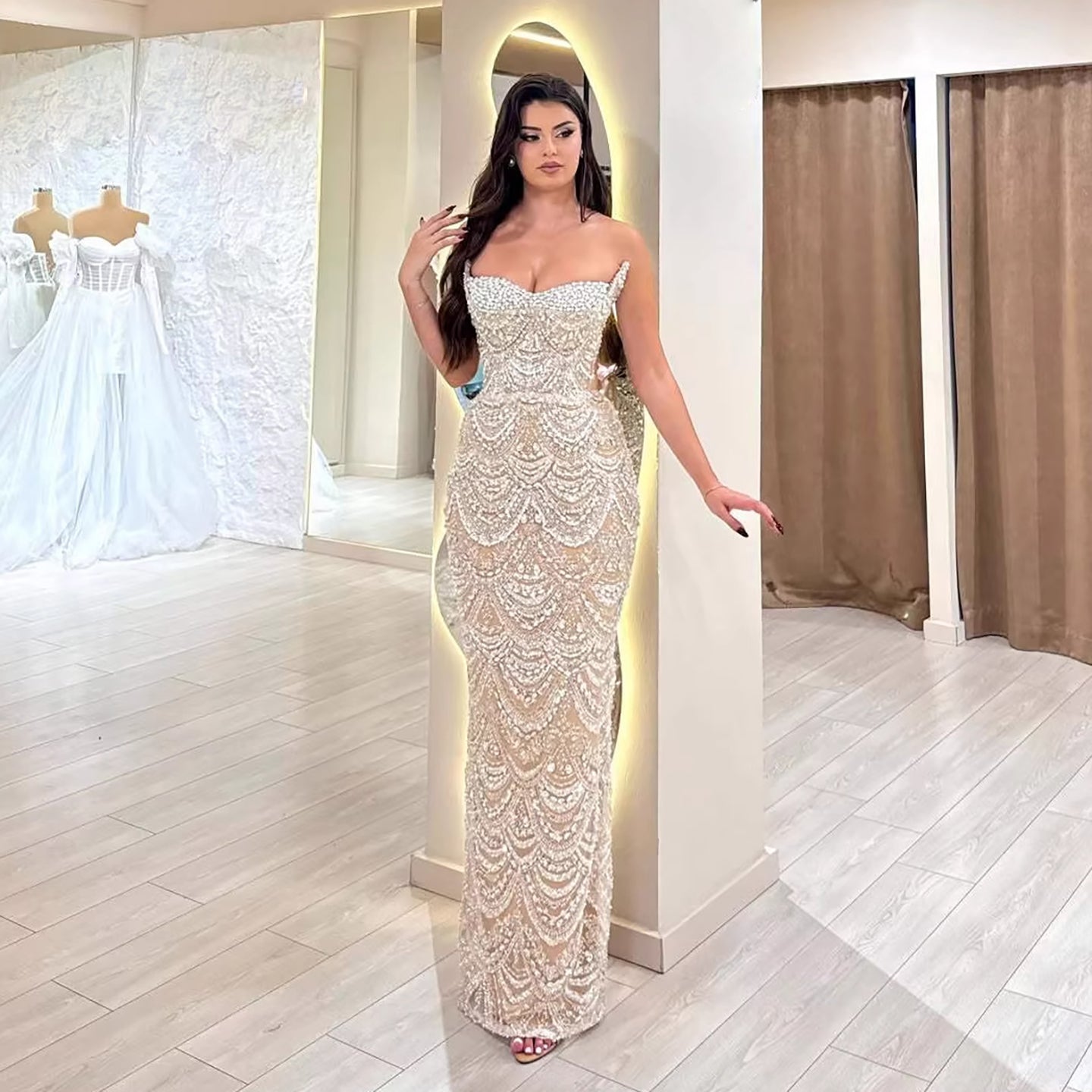 Luxury Nude Pearls Beaded Strapless Mermaid Evening Dress LA73395