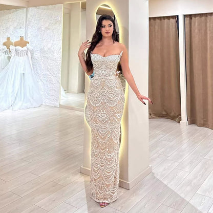 Luxury Nude Pearls Beaded Strapless Mermaid Evening Dress LA73395