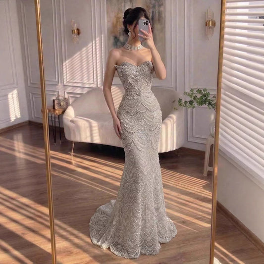 Luxury Nude Pearls Beaded Strapless Mermaid Evening Dress LA73395