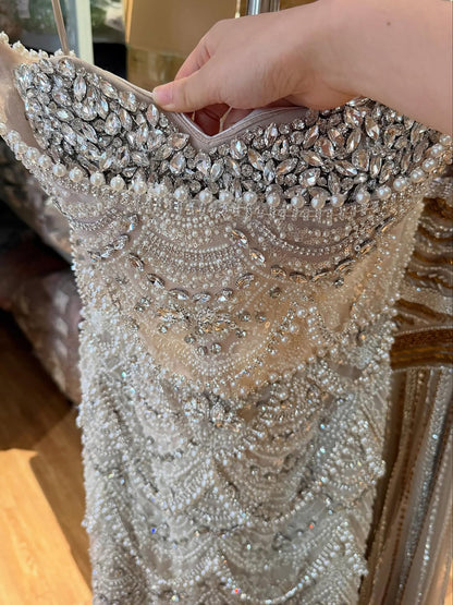 Luxury Nude Pearls Beaded Strapless Mermaid Evening Dress LA73395