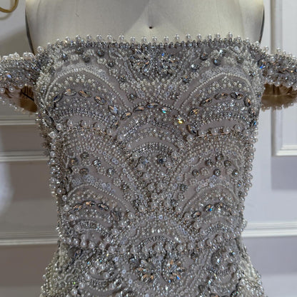 Luxury Nude Pearl Beaded Mermaid Off Shoulder Evening Dress LA73395A
