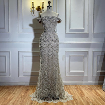 Luxury Nude Pearl Beaded Mermaid Off Shoulder Evening Dress LA73395A