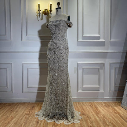 Luxury Nude Pearl Beaded Mermaid Off Shoulder Evening Dress LA73395A