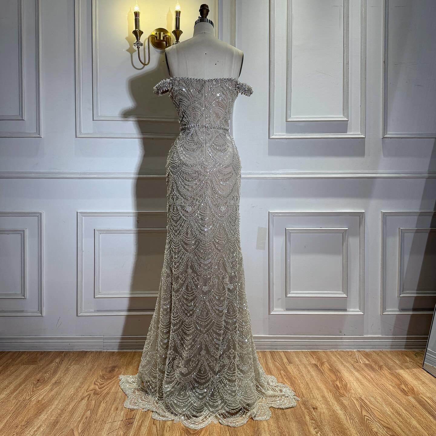 Luxury Nude Pearl Beaded Mermaid Off Shoulder Evening Dress LA73395A