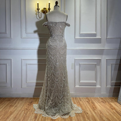 Luxury Nude Pearl Beaded Mermaid Off Shoulder Evening Dress LA73395A