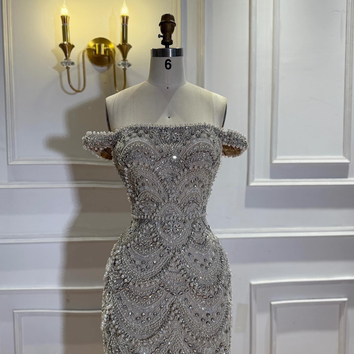 Luxury Nude Pearl Beaded Mermaid Off Shoulder Evening Dress LA73395A