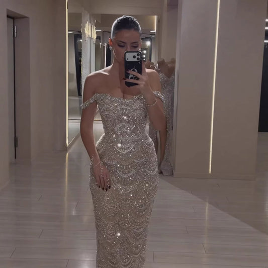 Luxury Nude Pearl Beaded Mermaid Off Shoulder Evening Dress LA73395A