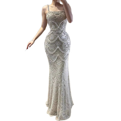 Luxury Nude Pearls Beaded Mermaid Evening Dress LA73395B