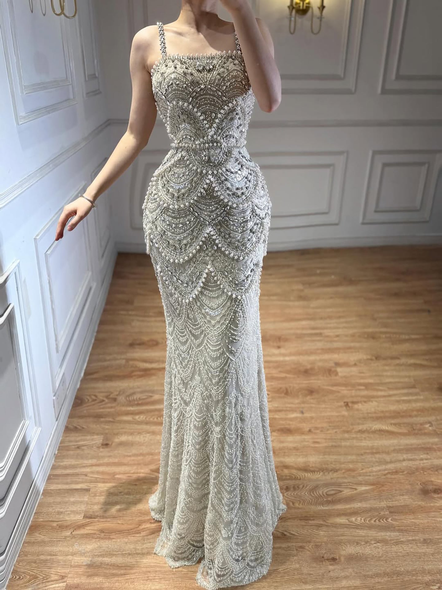 Luxury Nude Pearls Beaded Mermaid Evening Dress LA73395B