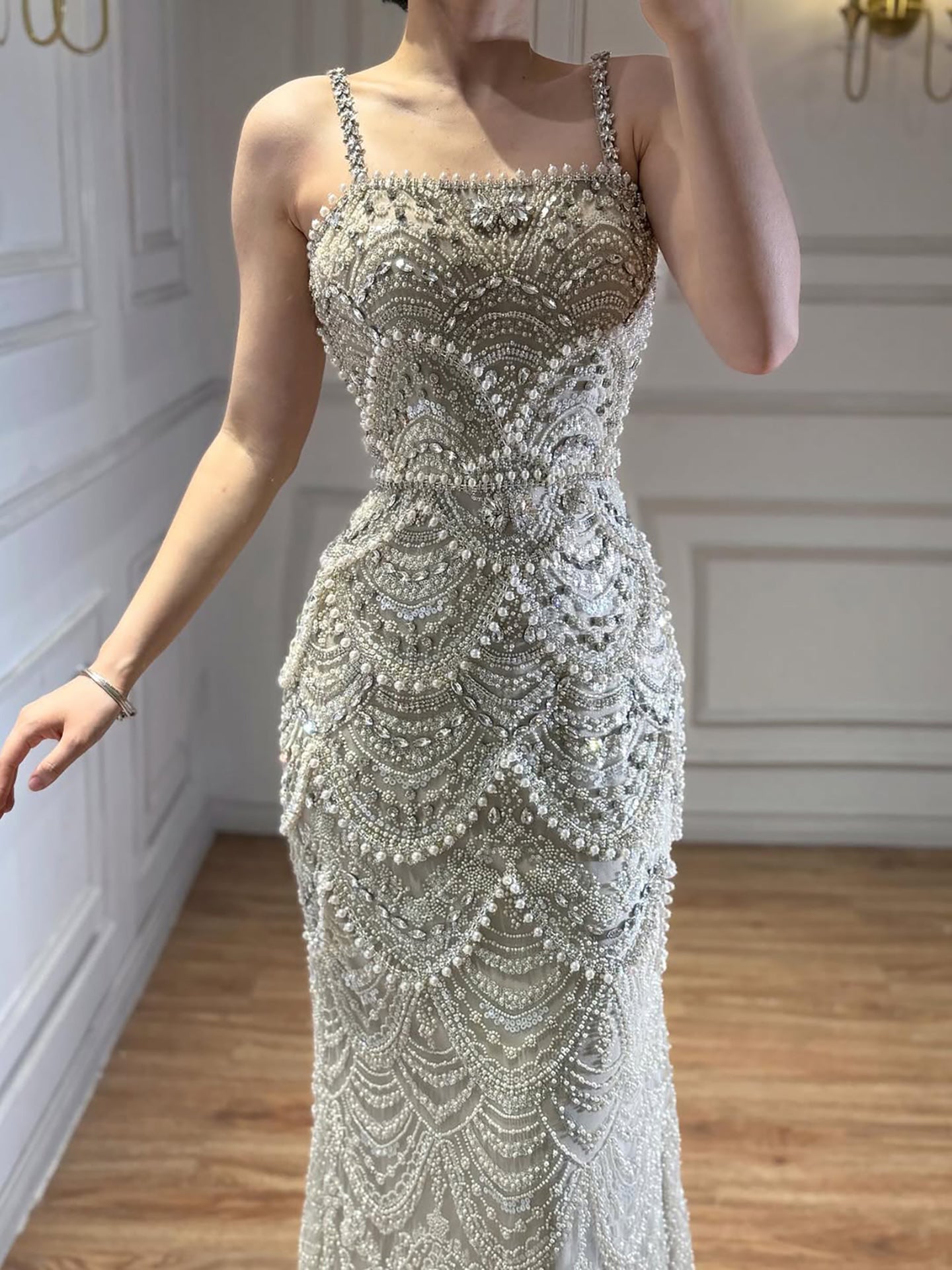 Luxury Nude Pearls Beaded Mermaid Evening Dress LA73395B