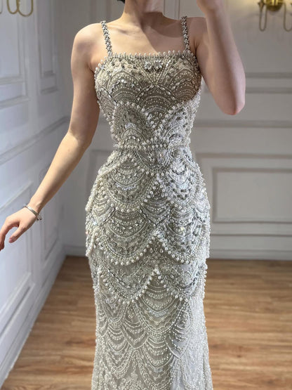 Luxury Nude Pearls Beaded Mermaid Evening Dress LA73395B