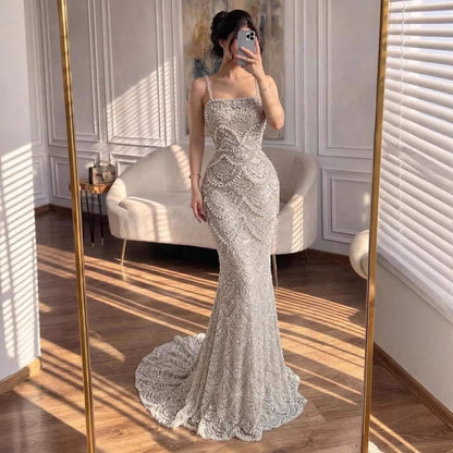 Luxury Nude Pearls Beaded Mermaid Evening Dress LA73395B