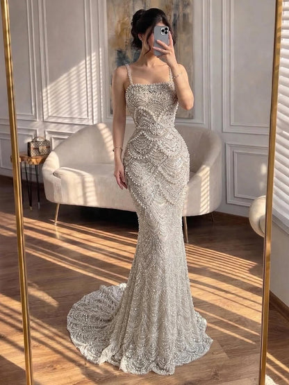 Luxury Nude Pearls Beaded Mermaid Evening Dress LA73395B