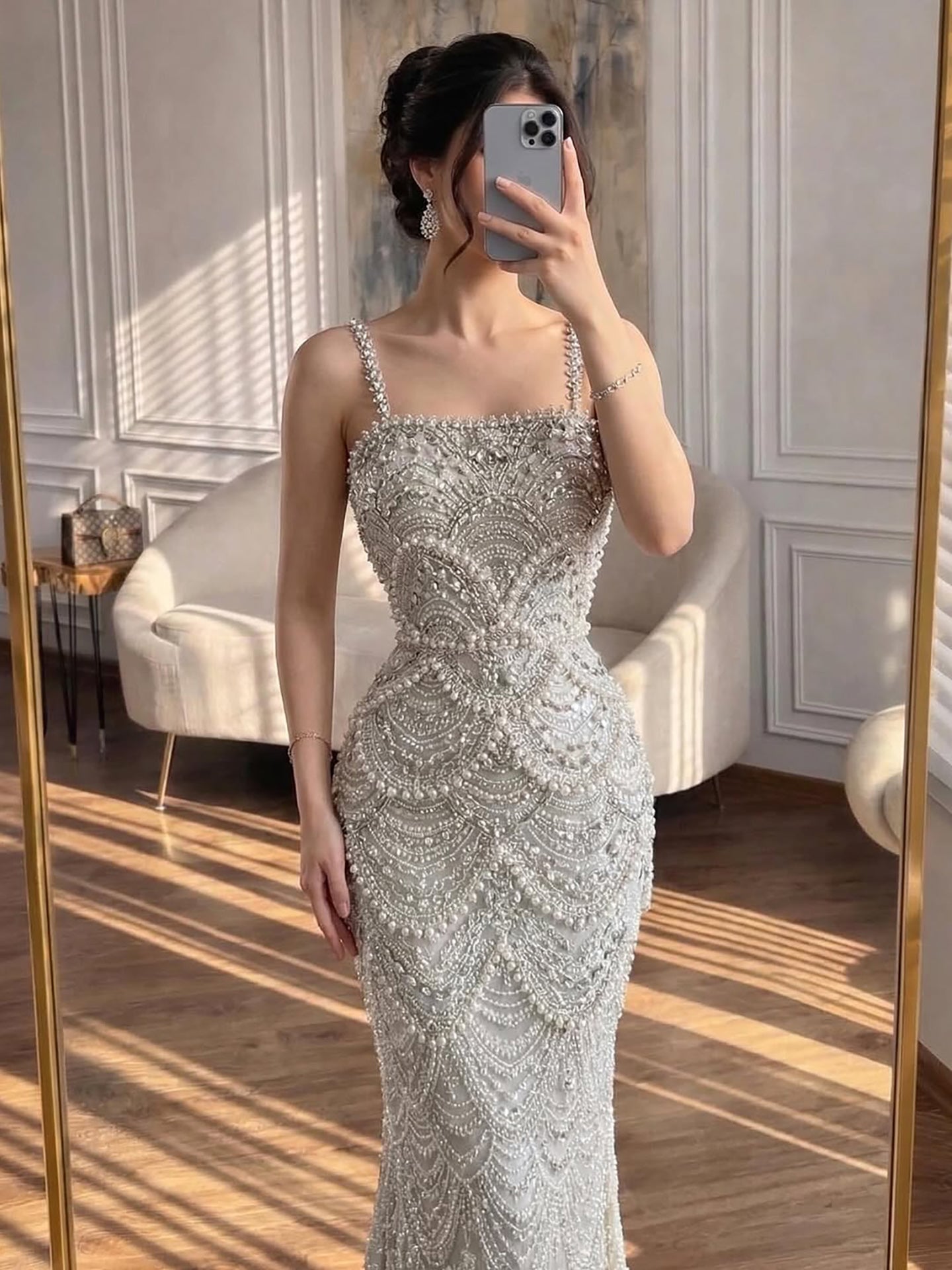 Luxury Nude Pearls Beaded Mermaid Evening Dress LA73395B