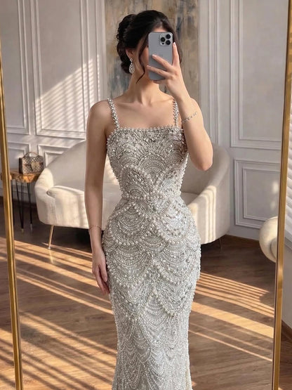 Luxury Nude Pearls Beaded Mermaid Evening Dress LA73395B