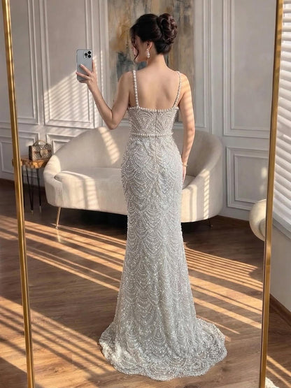 Luxury Nude Pearls Beaded Mermaid Evening Dress LA73395B