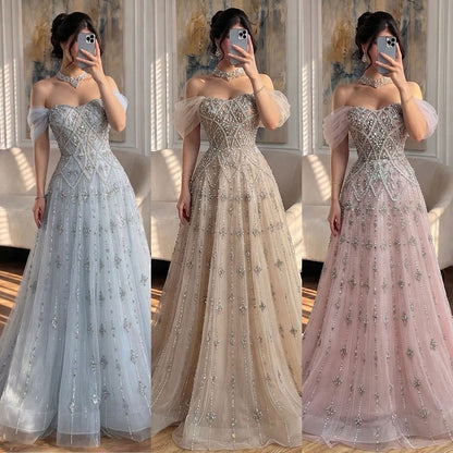 Luxury Gray Blue A-Line Dreamy Beaded Evening Dress With Necklace LA73397
