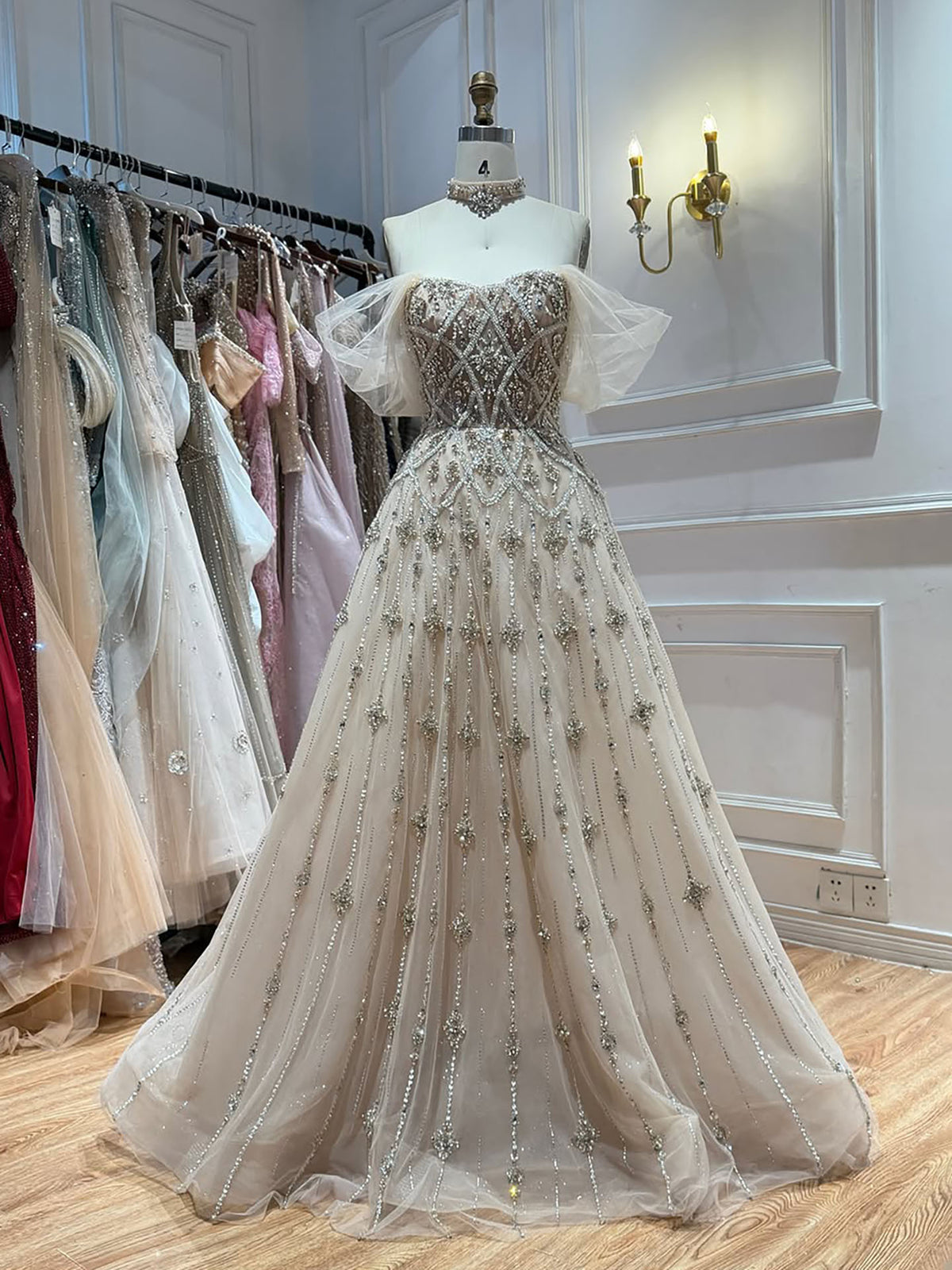 Luxury Gray Blue A-Line Dreamy Beaded Evening Dress With Necklace LA73397