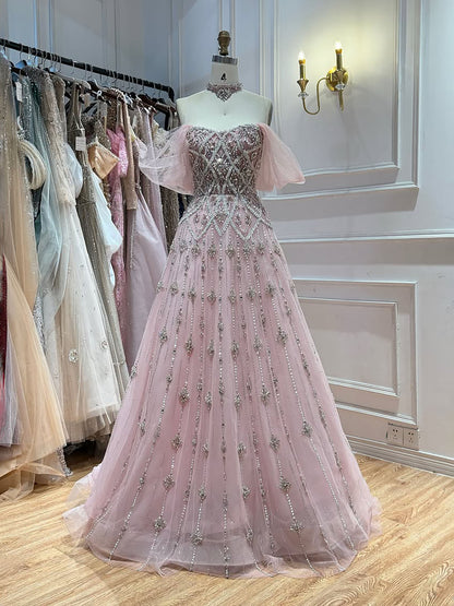 Luxury Gray Blue A-Line Dreamy Beaded Evening Dress With Necklace LA73397