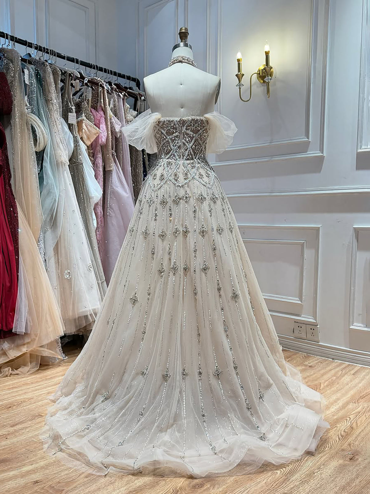 Luxury Gray Blue A-Line Dreamy Beaded Evening Dress With Necklace LA73397