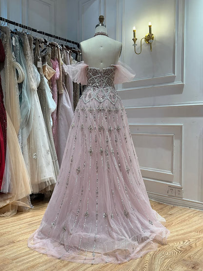 Luxury Gray Blue A-Line Dreamy Beaded Evening Dress With Necklace LA73397