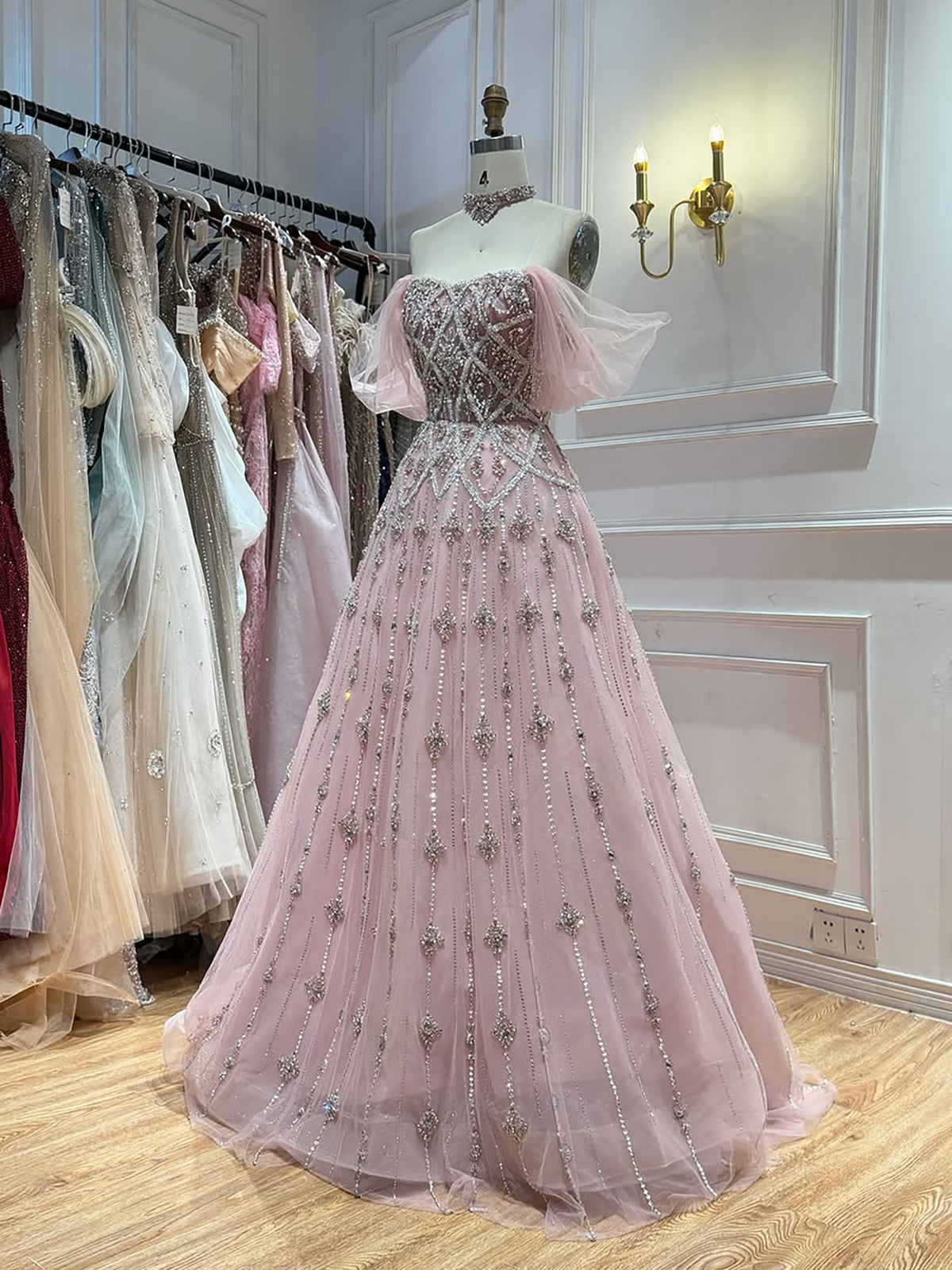 Luxury Gray Blue A-Line Dreamy Beaded Evening Dress With Necklace LA73397