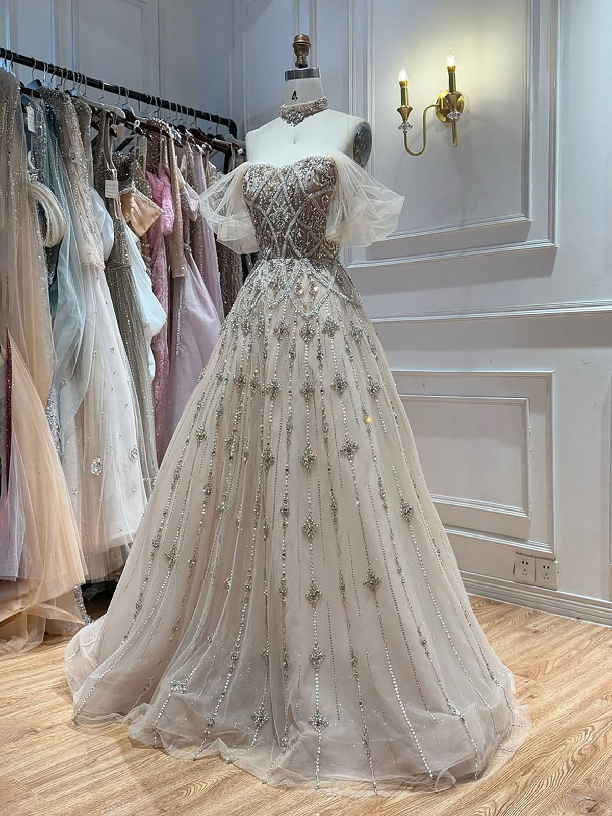 Luxury Gray Blue A-Line Dreamy Beaded Evening Dress With Necklace LA73397