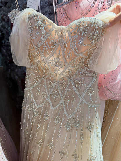 Luxury Gray Blue A-Line Dreamy Beaded Evening Dress With Necklace LA73397