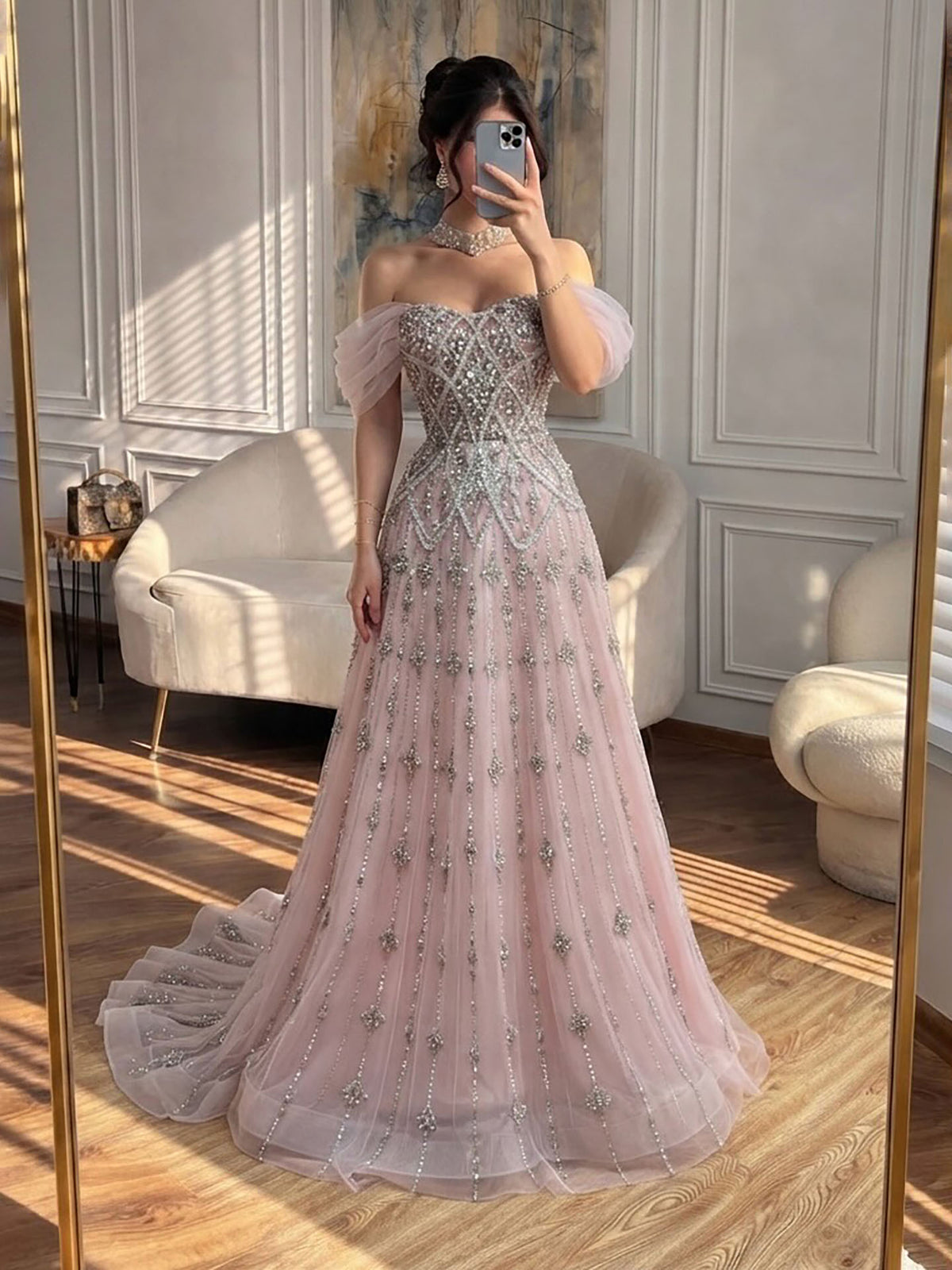 Luxury Gray Blue A-Line Dreamy Beaded Evening Dress With Necklace LA73397