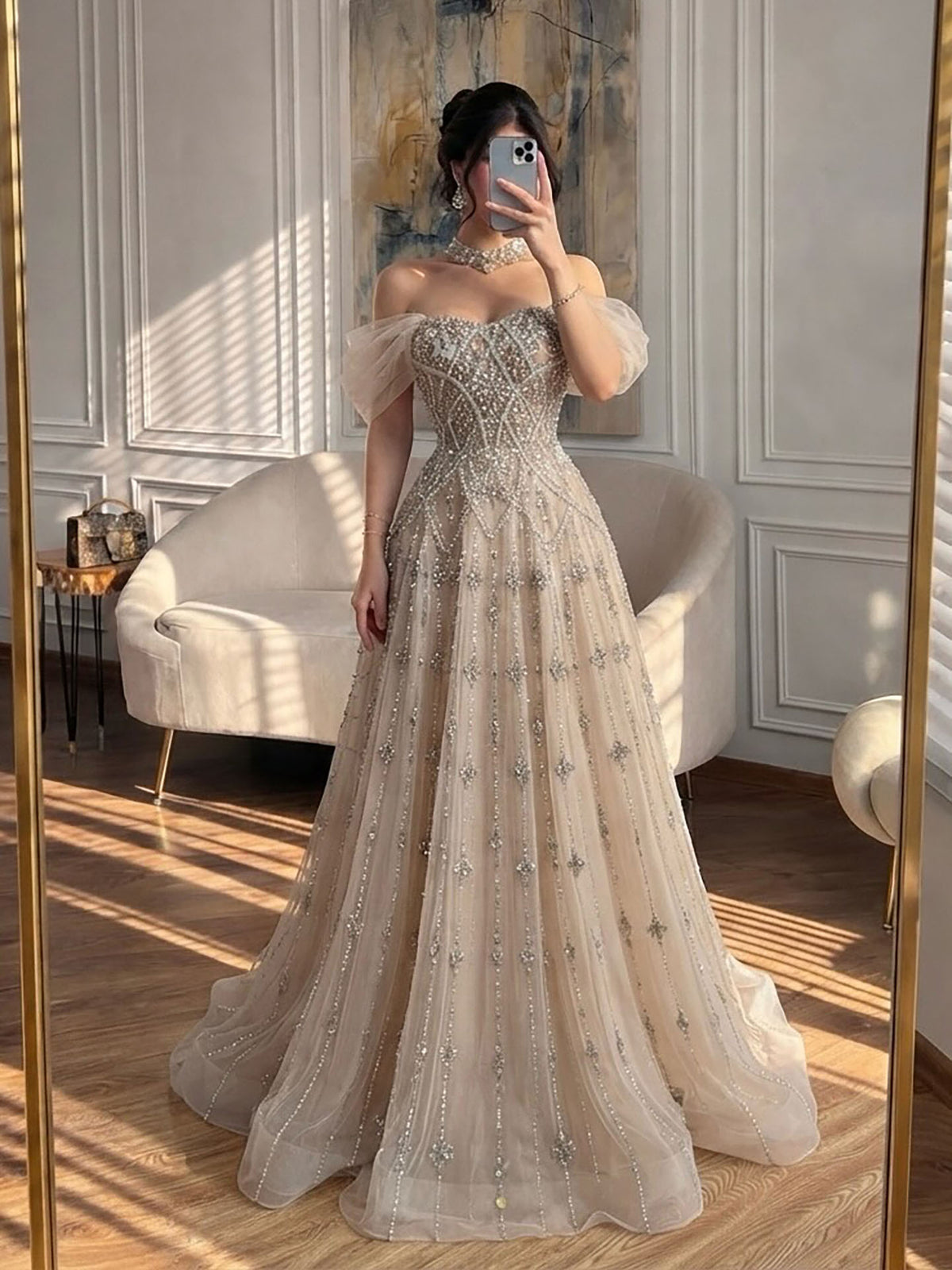 Luxury Gray Blue A-Line Dreamy Beaded Evening Dress With Necklace LA73397