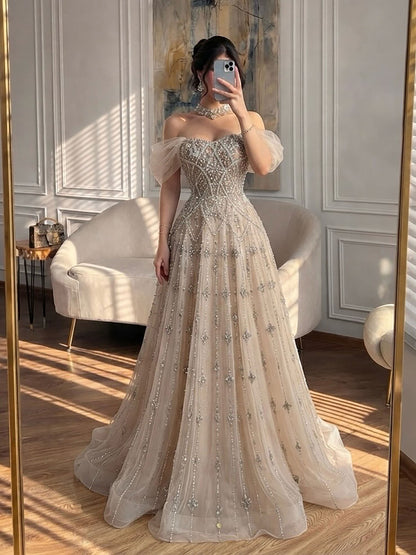 Luxury Gray Blue A-Line Dreamy Beaded Evening Dress With Necklace LA73397