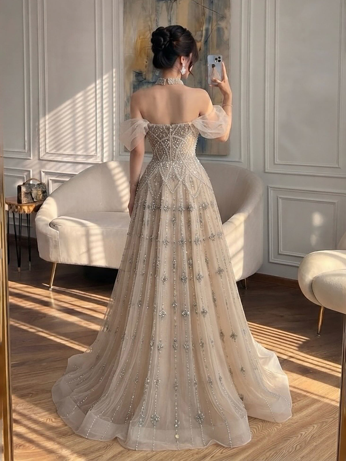 Luxury Gray Blue A-Line Dreamy Beaded Evening Dress With Necklace LA73397