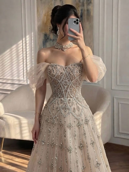 Luxury Gray Blue A-Line Dreamy Beaded Evening Dress With Necklace LA73397