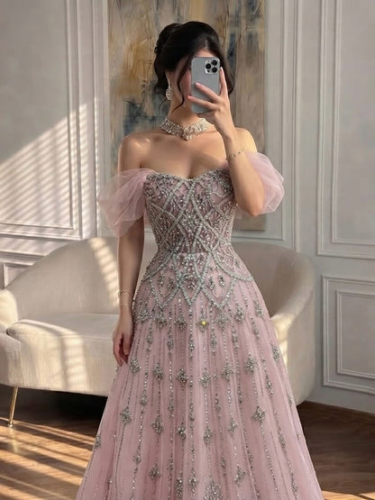 Luxury Gray Blue A-Line Dreamy Beaded Evening Dress With Necklace LA73397