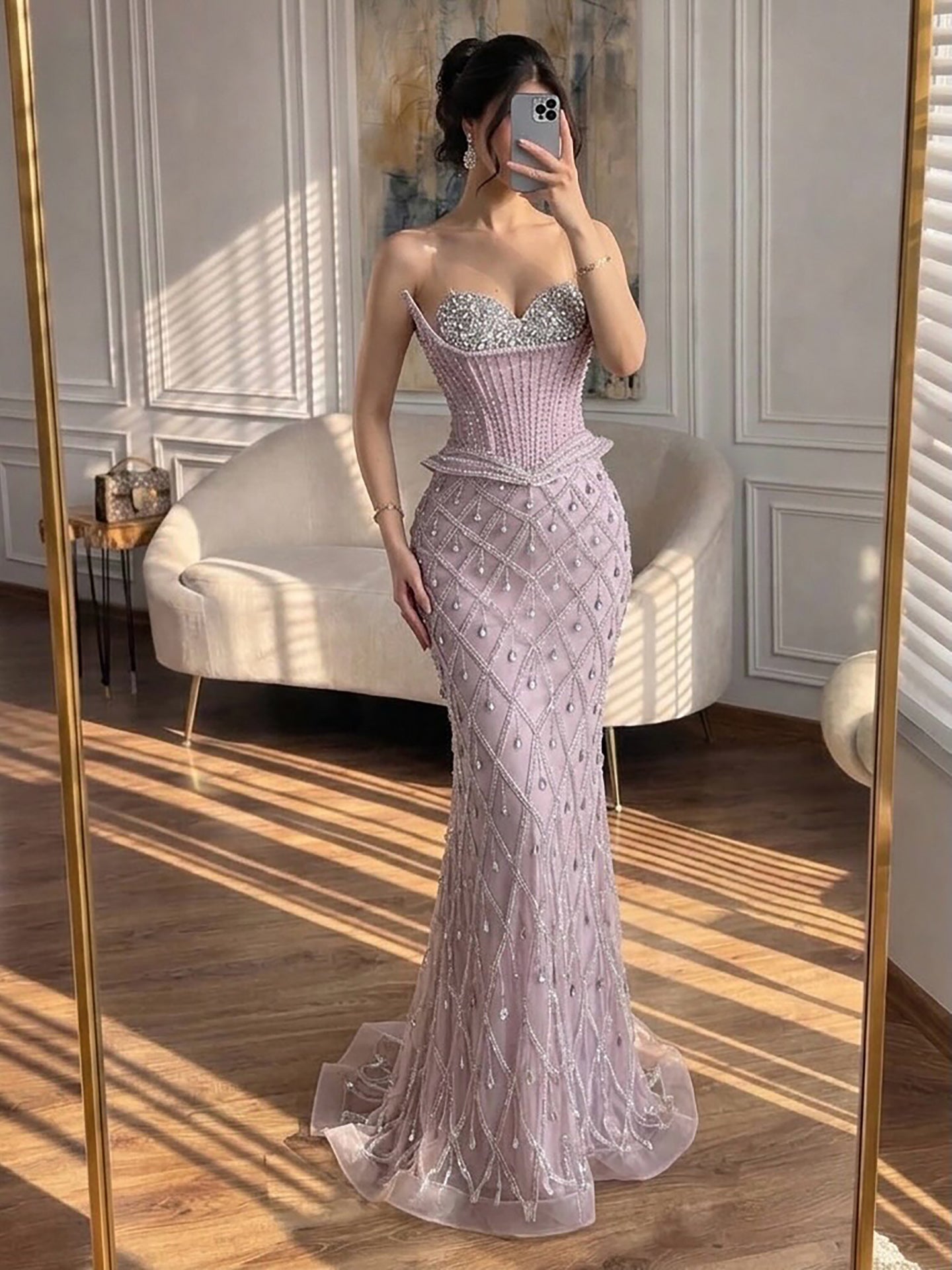 Luxury Nude Crystal Beaded Corset Mermaid Evening Dress LA73400