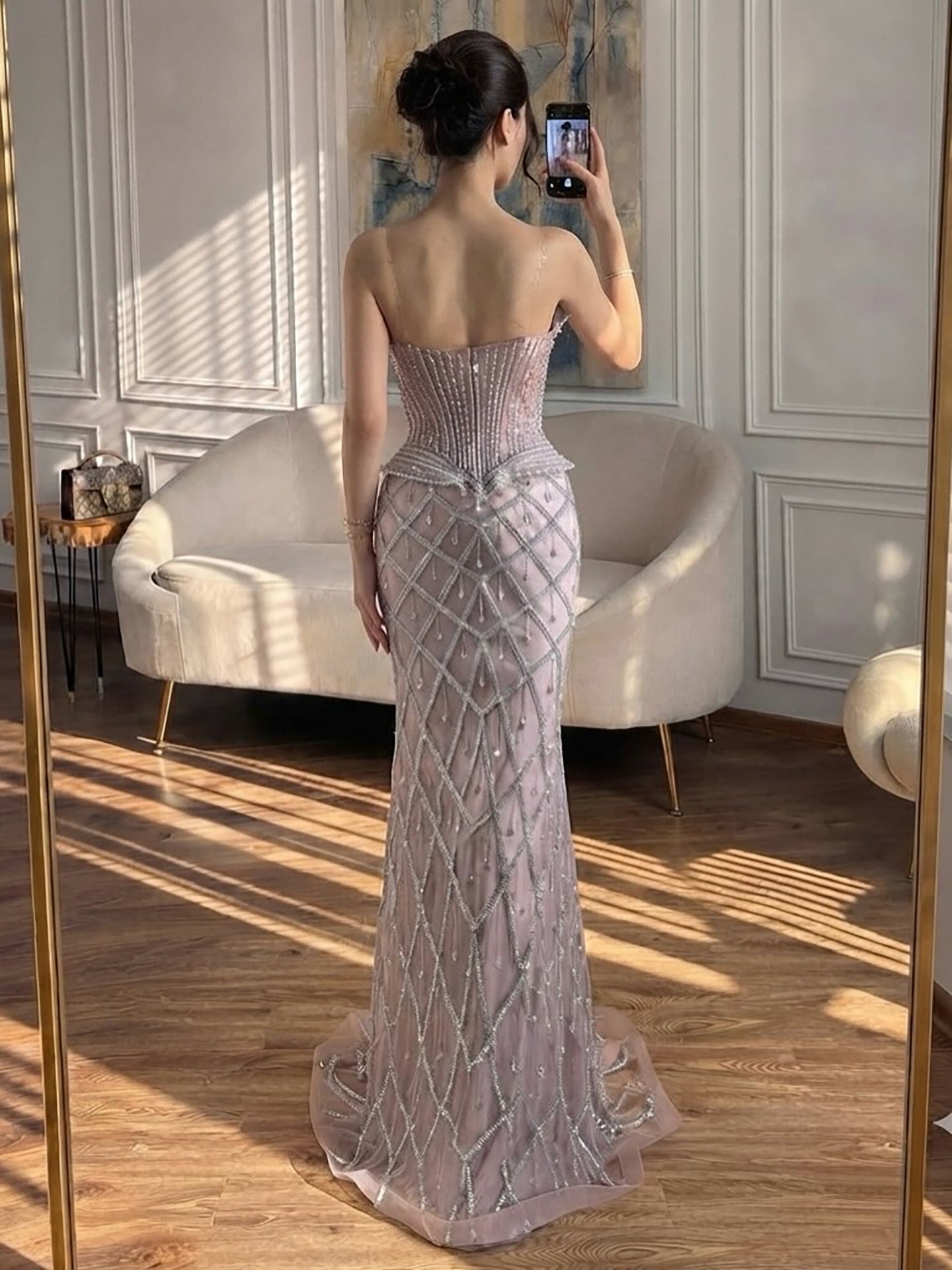 Luxury Nude Crystal Beaded Strapless Peplum Mermaid Dress LA73400B