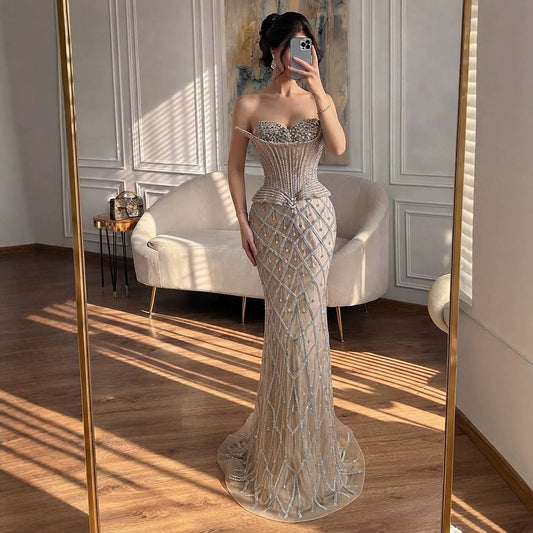 Luxury Nude Crystal Beaded Strapless Peplum Mermaid Dress LA73400B