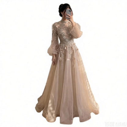 Luxury Nude Crystal Beaded Long Sleeve A-Line Evening Dress LA73406