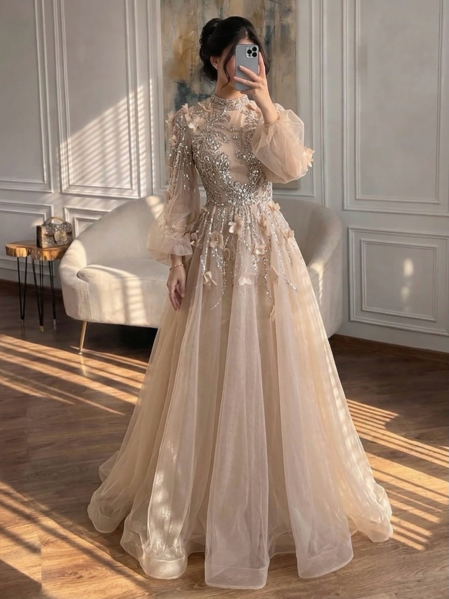 Luxury Nude Crystal Beaded Long Sleeve A-Line Evening Dress LA73406