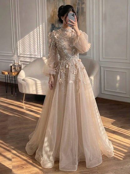 Luxury Nude Crystal Beaded Long Sleeve A-Line Evening Dress LA73406